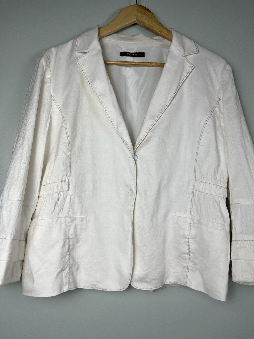 Tahari Cream Linen Blazer 14 XL‎ Ruched Waist 3/4 Split Tiered Layered Sleeve